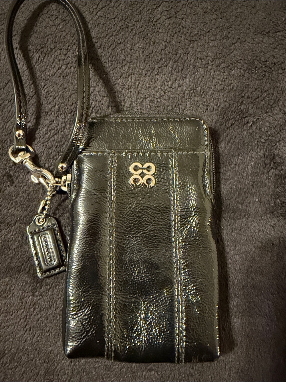 Coach Black Patent Leather Wristlet Phone Case with Gold Logo